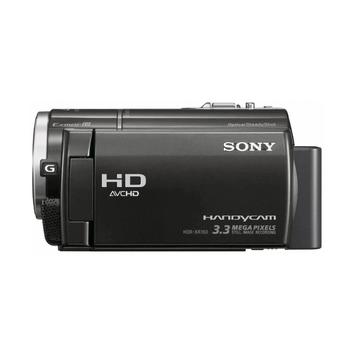 ClubCamera.com front profile of black Sony HDR-XR160 Handycam with G Lens and HD AVCHD text