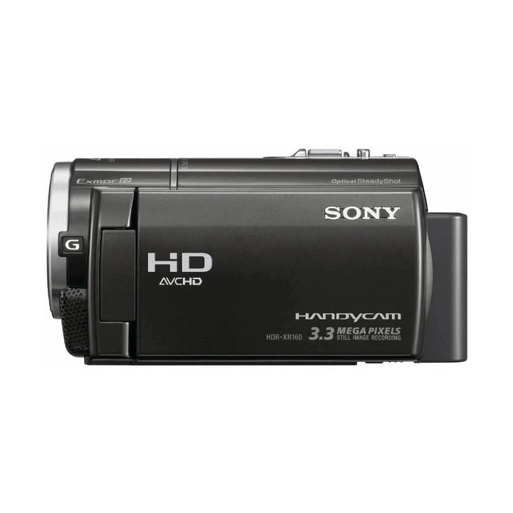 ClubCamera.com front profile of black Sony HDR-XR160 Handycam with G Lens and HD AVCHD text