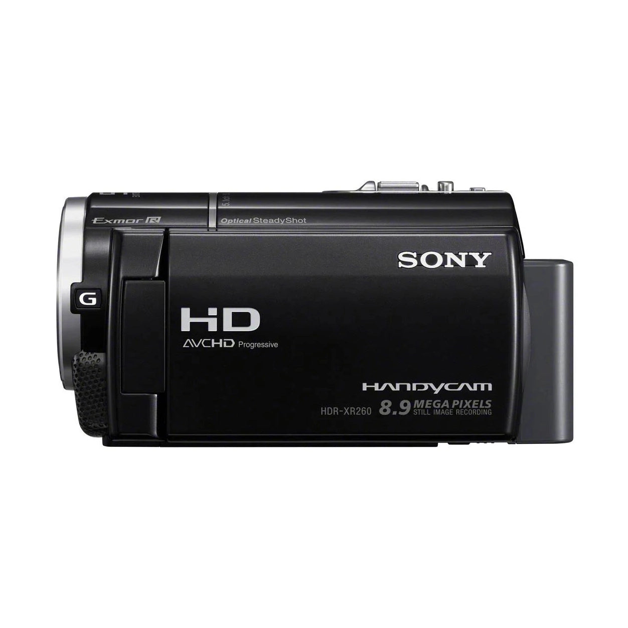 ClubCamera.com Sony HDR-XR260 black camcorder side profile with silver G Lens accents and Exmor R branding