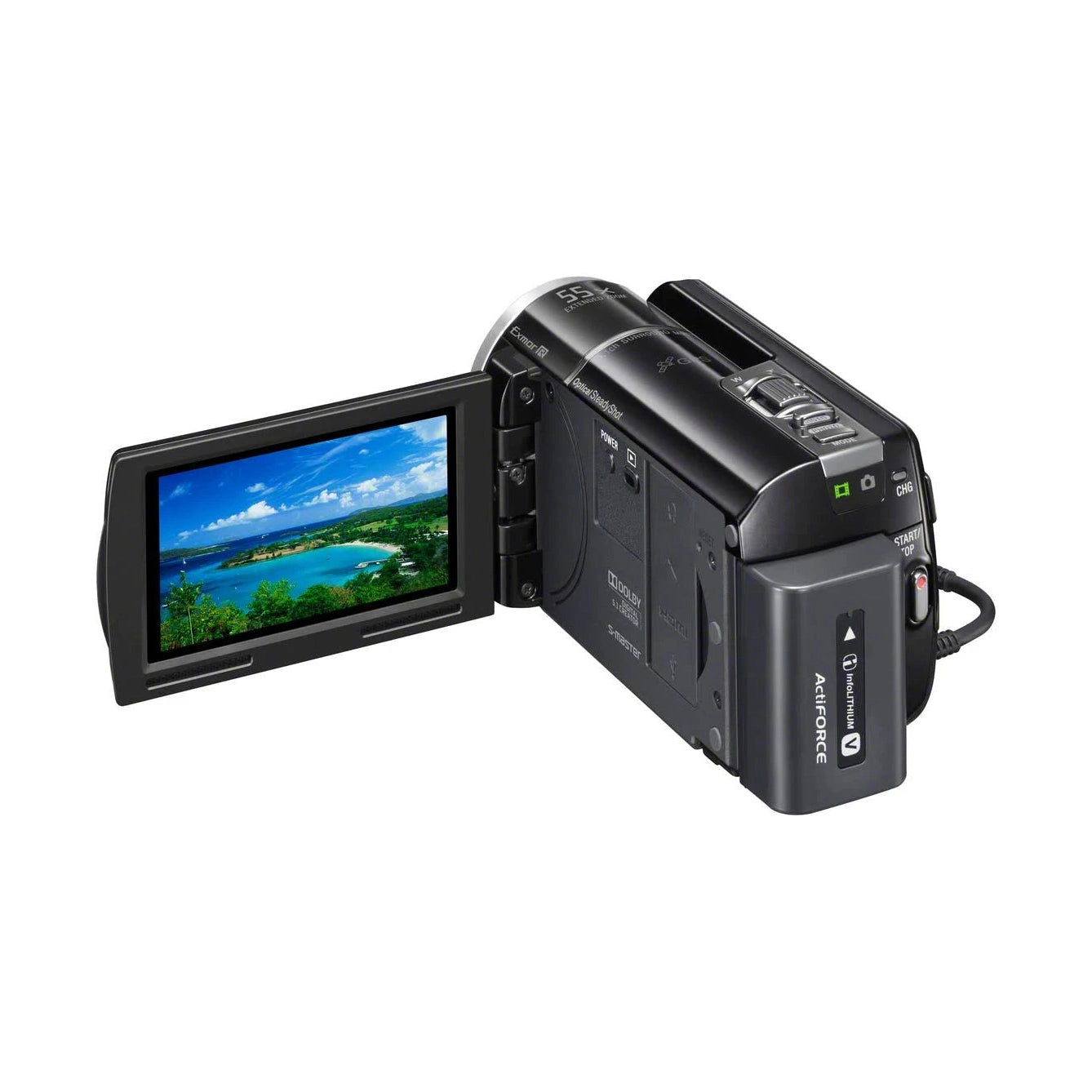 ClubCamera.com Sony HDR-XR260 back view with open LCD displaying tropical beach scene and mode dial controls
