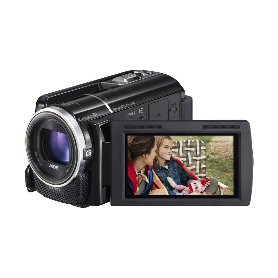 ClubCamera.com Sony HDR-XR260 front view with flipped out LCD screen showing family photo and 30x optical zoom lens