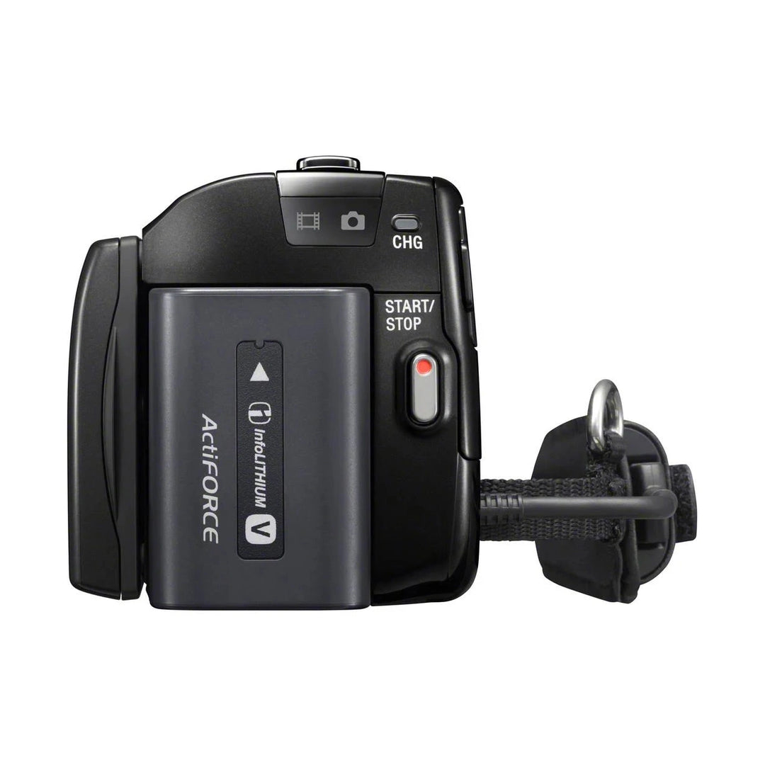ClubCamera.com Sony HDR-XR260 rear view with Infiniti ActiFORCE battery pack and red start stop button
