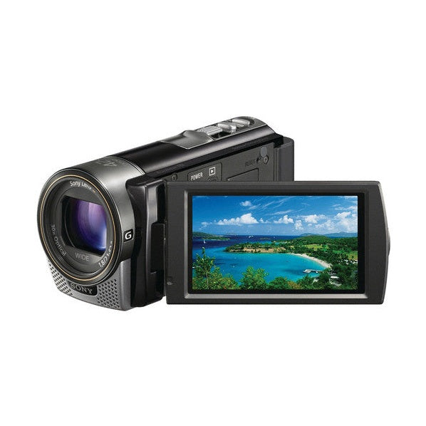 Black Sony HDR-CX160 camcorder with articulated LCD screen showing beach scene for vlogging at ClubCamera.com