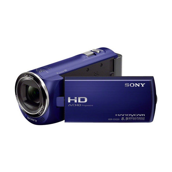 Blue Sony HDR-CX220 Full HD 1080p Camcorder rear view with closed flip-out LCD and Carl Zeiss lens at ClubCamera.com