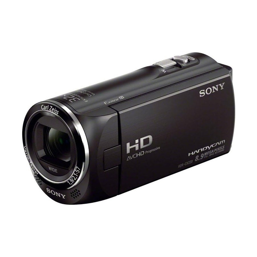 Black Sony HANDYCAM HDR-CX230 front view with Carl Zeiss lens and silver trim from ClubCamera.com