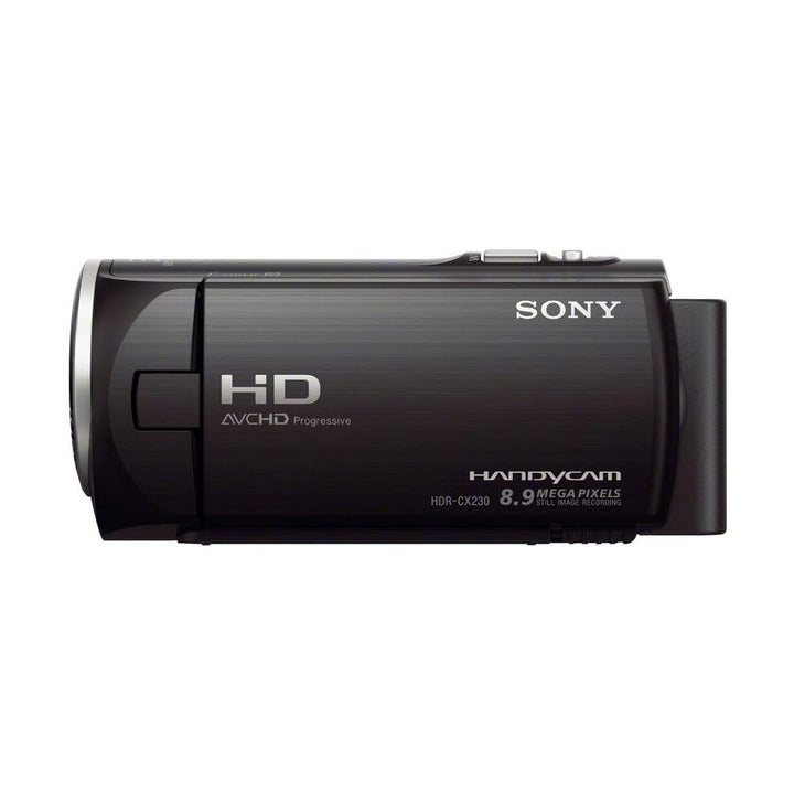 Rear view of black Sony HDR-CX230/B camcorder showing brushed texture and branding by ClubCamera.com