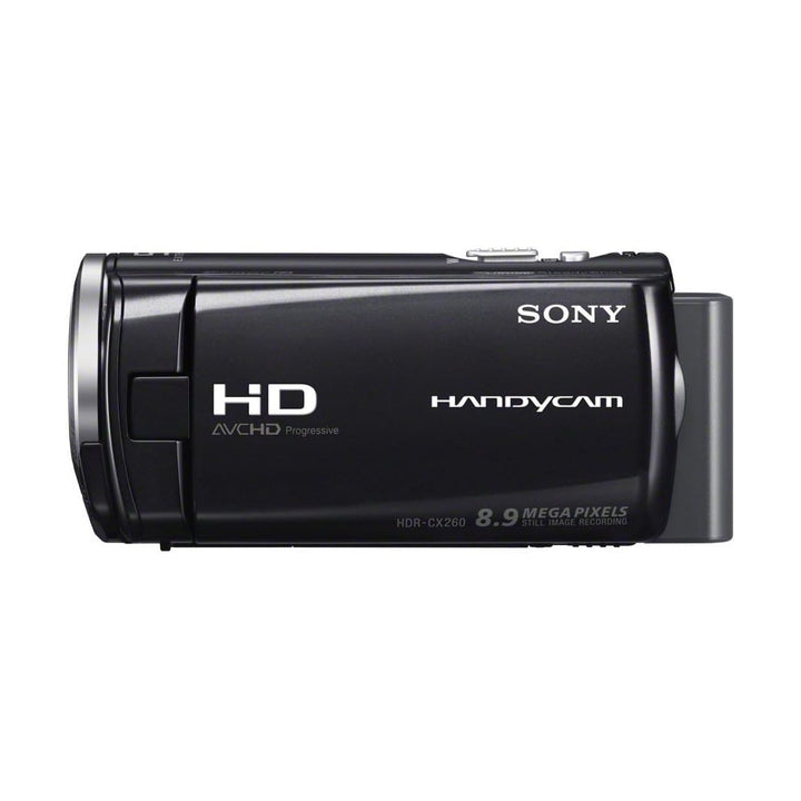 Rear view of black Sony HDR-CX260 camcorder showing battery grip and 8.9 MP text at ClubCamera.com