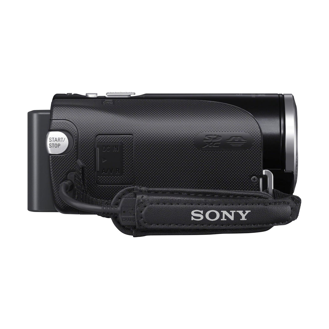 Side profile of black Sony HDR-CX260 camcorder with rubberized grip, wrist strap, and DC IN port at ClubCamera.com