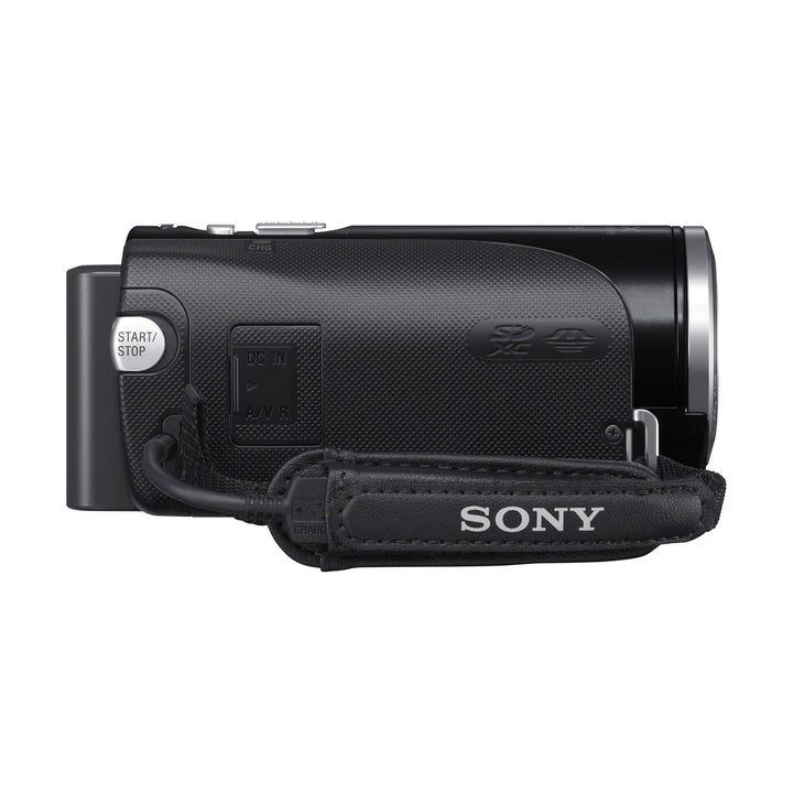 Side profile of black Sony HDR-CX260 camcorder with rubberized grip, wrist strap, and DC IN port at ClubCamera.com