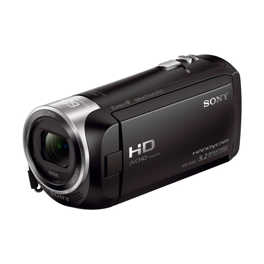 Sony HDR-CX405 HD camcorder three-quarter angle displaying AVCHD Progressive specs and Exmor R sensor at ClubCamera.com