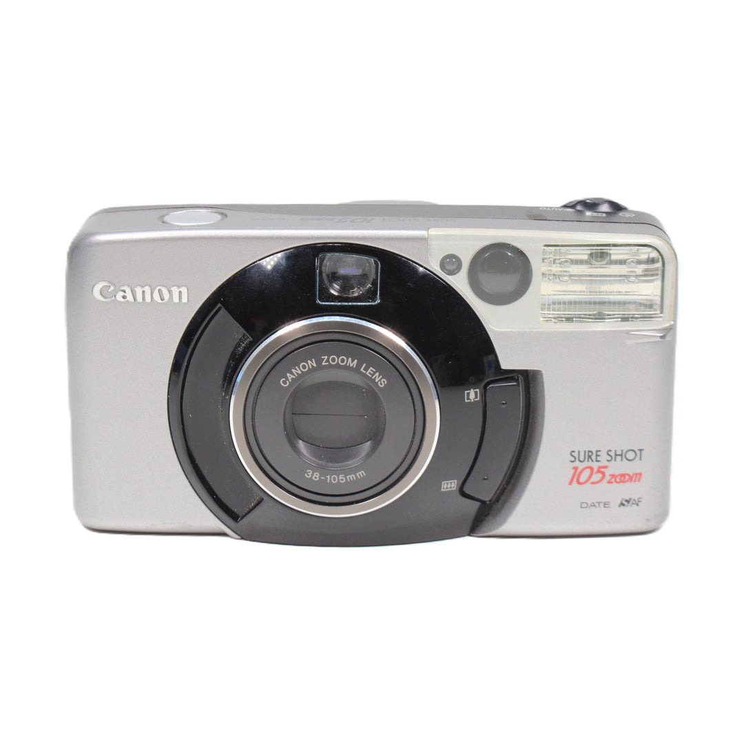 ClubCamera.com Canon Sure Shot 105 Zoom silver black film camera front view