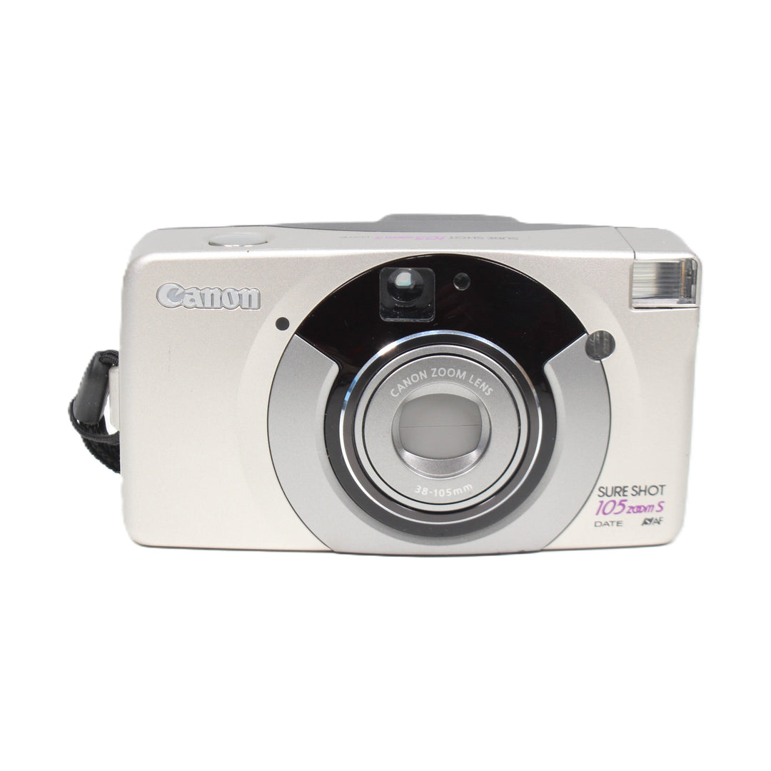 ClubCamera silver Canon Sure Shot 105 Zoom S film camera front view with purple text