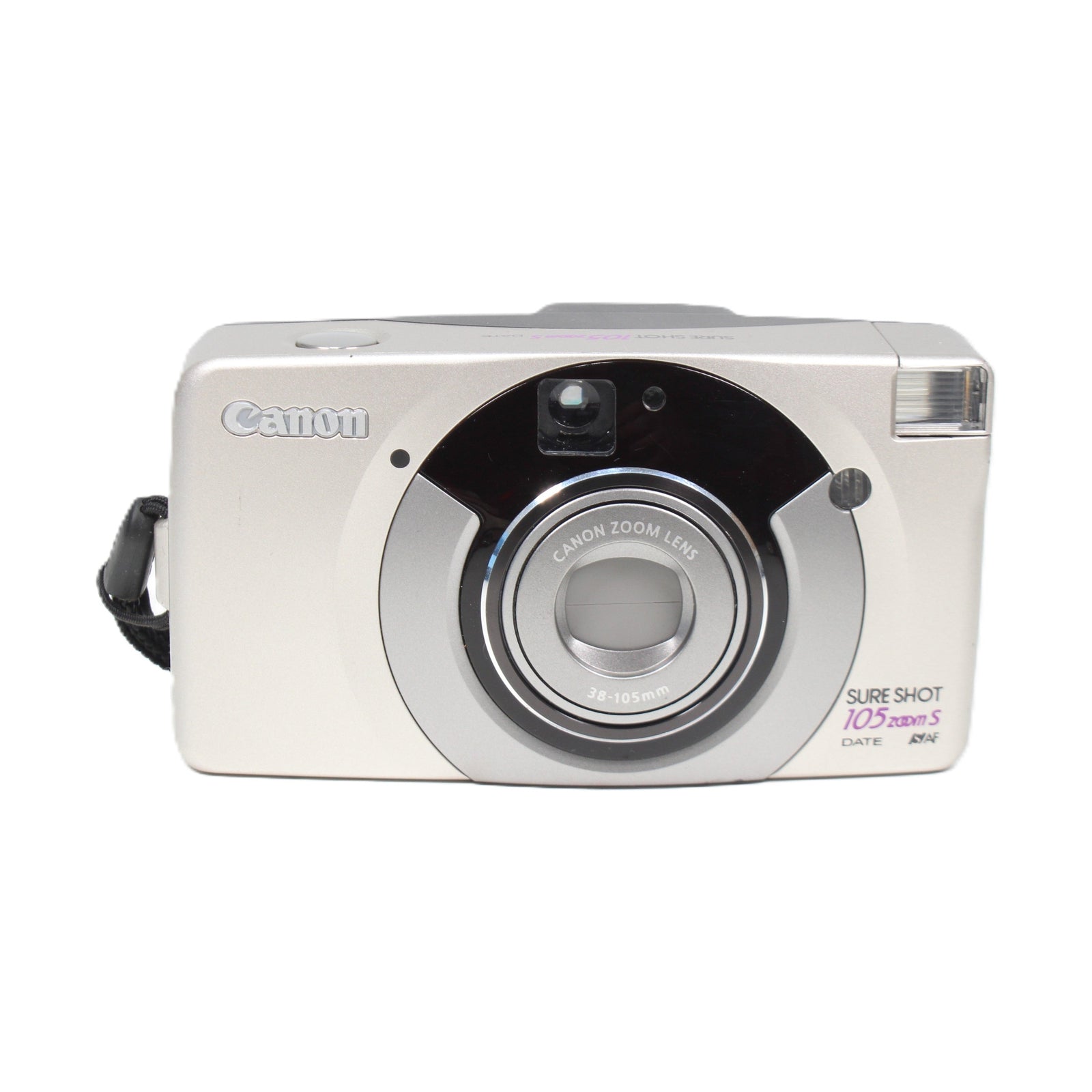 ClubCamera silver Canon Sure Shot 105 Zoom S film camera front view with purple text