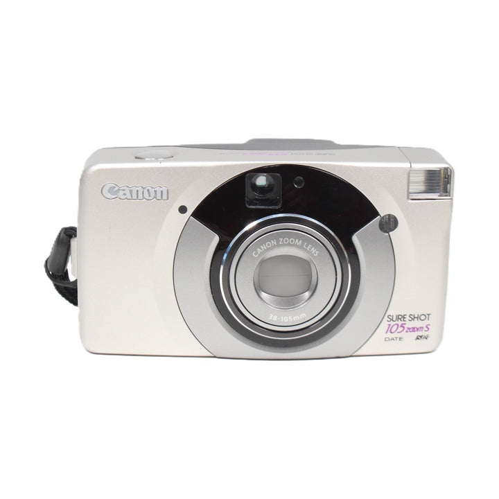ClubCamera silver Canon Sure Shot 105 Zoom S film camera front view with purple text