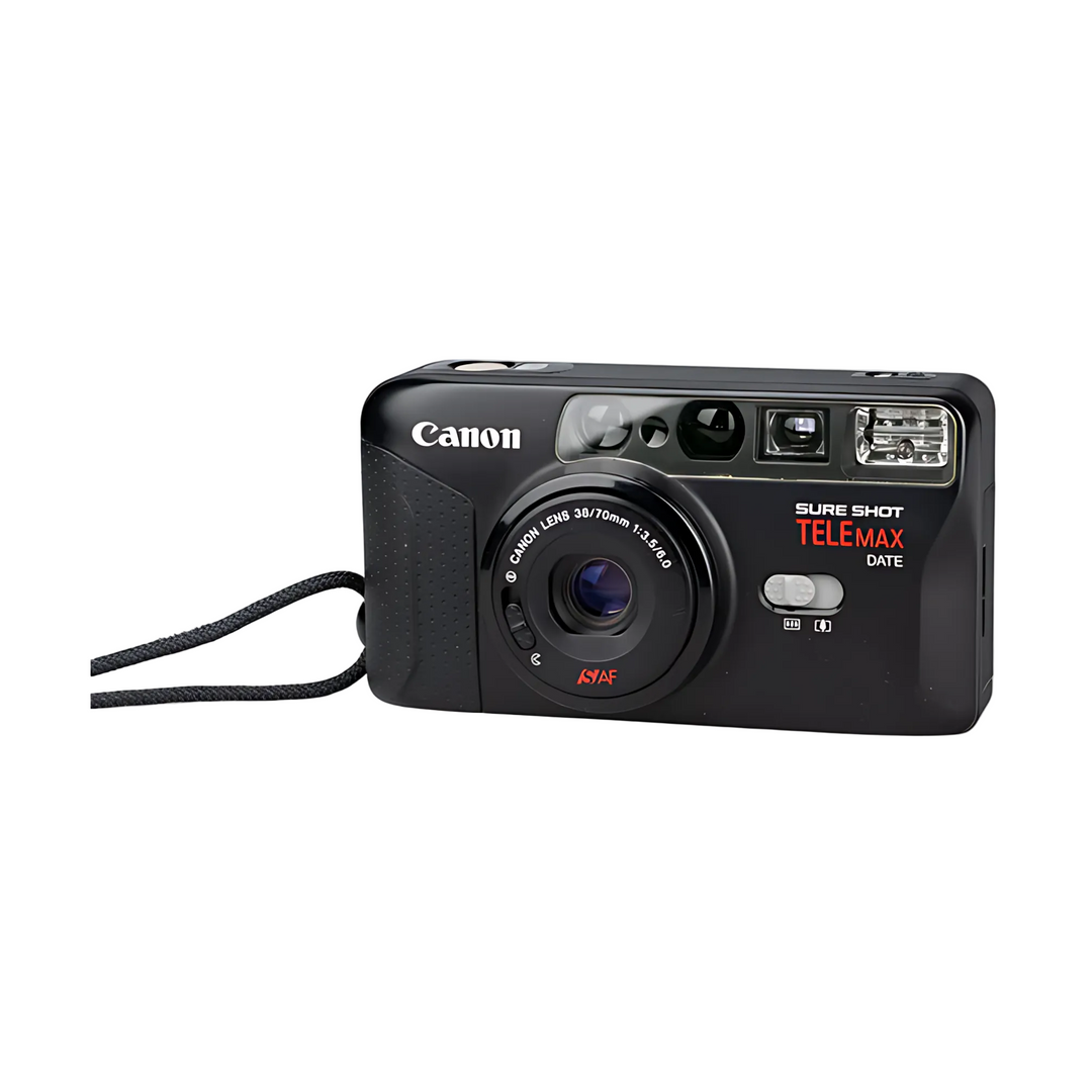Side angled black Canon Sure Shot TELEMAX DATE with textured rubber grip and lens specs at ClubCamera.com