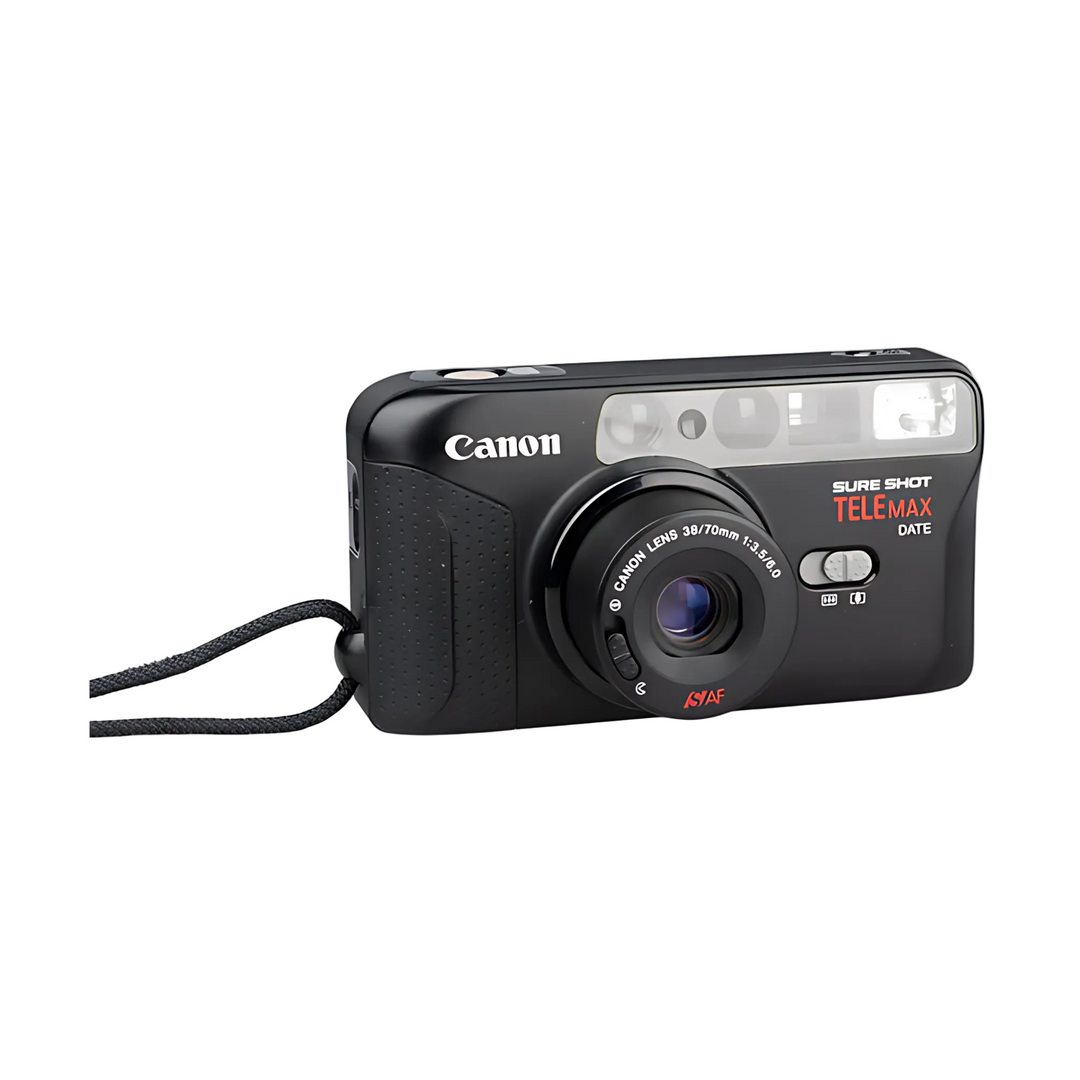Front Canon Sure Shot TELEMAX DATE 35mm camera with ISYAF branding and dual flash at ClubCamera.com
