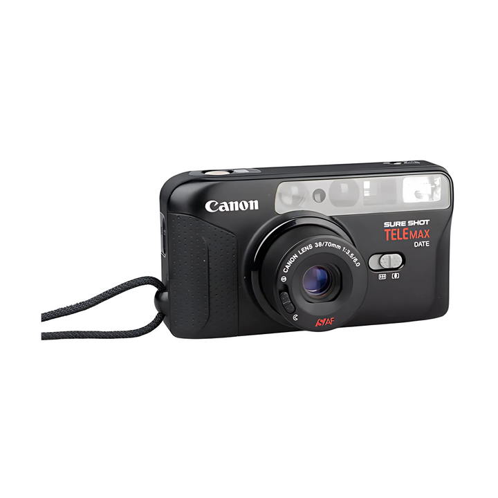 Front Canon Sure Shot TELEMAX DATE 35mm camera with ISYAF branding and dual flash at ClubCamera.com