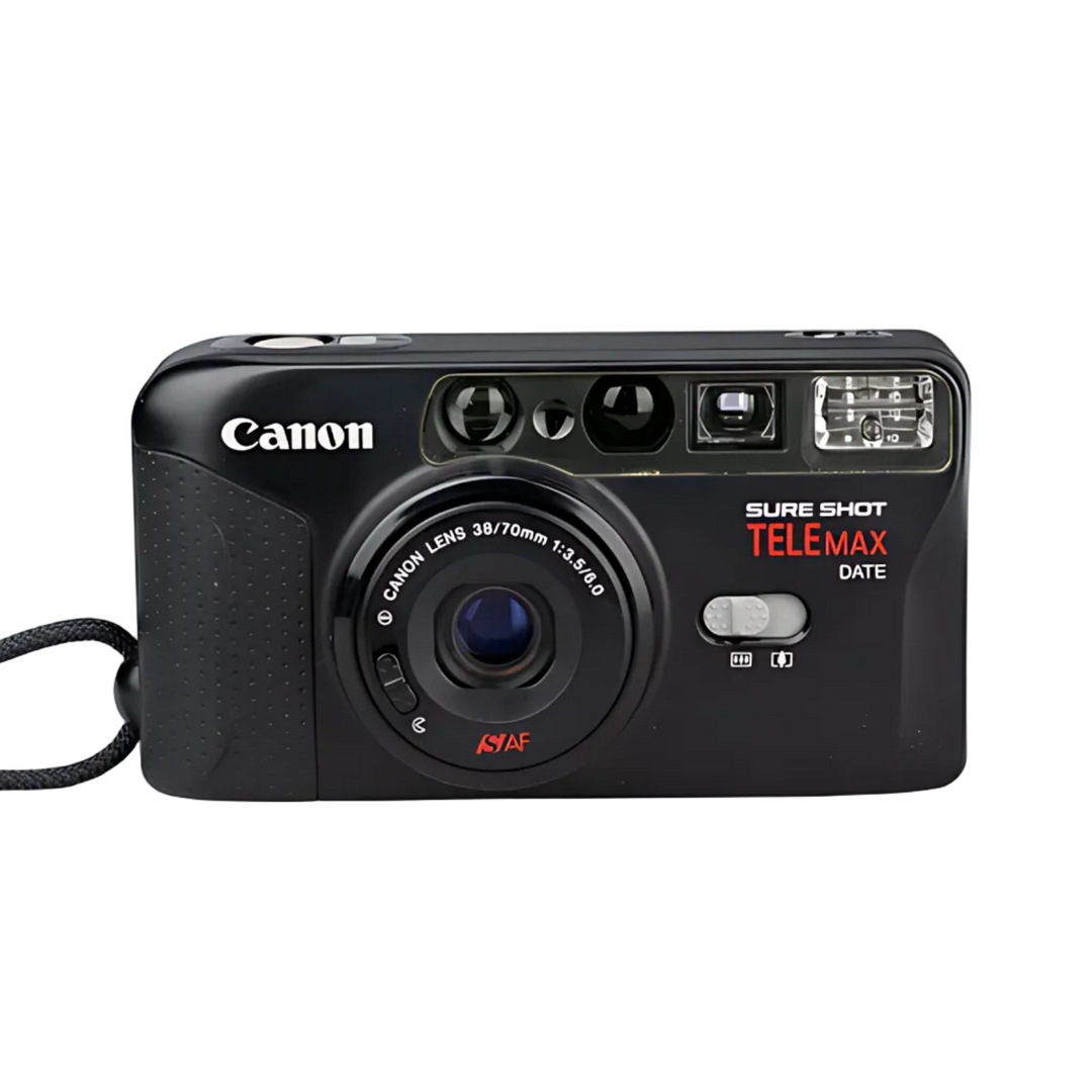 Direct front black Canon Sure Shot TELEMAX DATE with engraved lens details and woven strap at ClubCamera.com