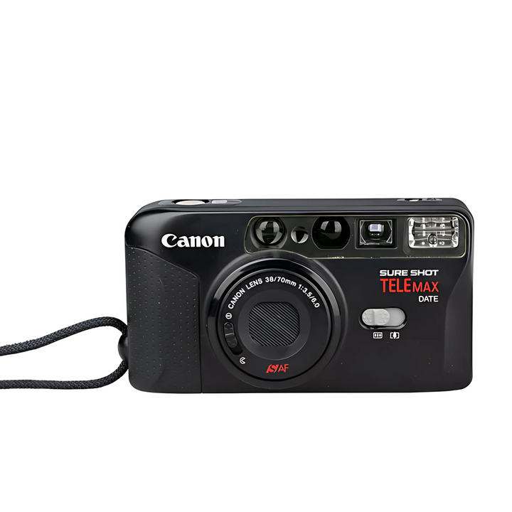 Close-up Canon Sure Shot TELEMAX DATE lens assembly with ISYAF logo and slide switch at ClubCamera.com
