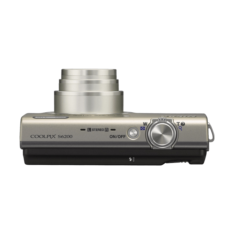 ClubCamera.com top view of silver Nikon Coolpix S6200 compact digital camera showing extended zoom lens barrel