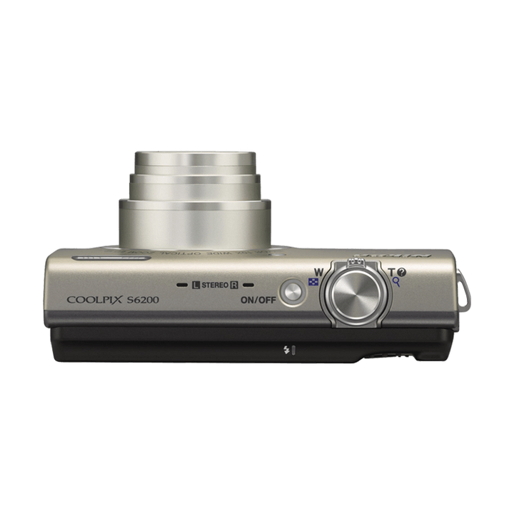 ClubCamera.com top view of silver Nikon Coolpix S6200 compact digital camera showing extended zoom lens barrel
