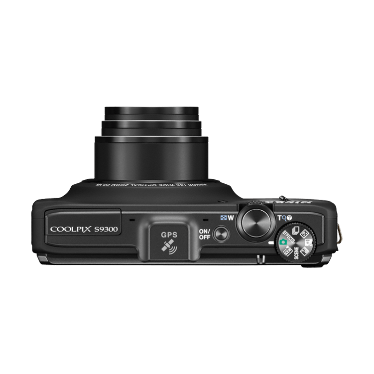 Top view of black Nikon Coolpix S9300 with mode dial and GPS button by ClubCamera.com