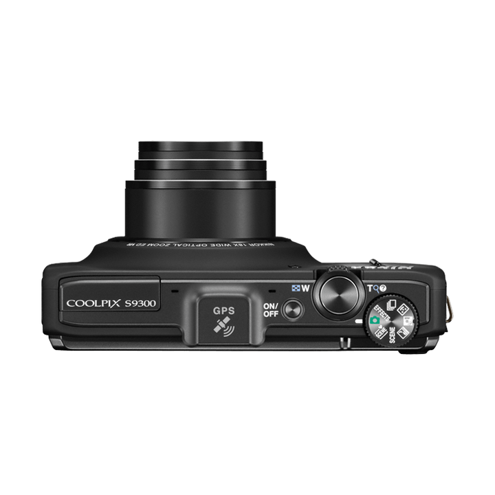 Top view of black Nikon Coolpix S9300 with mode dial and GPS button by ClubCamera.com
