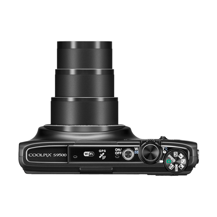 ClubCamera.com black Nikon Coolpix S9500 top view with extended zoom lens, Wi-Fi GPS logos and mode dial