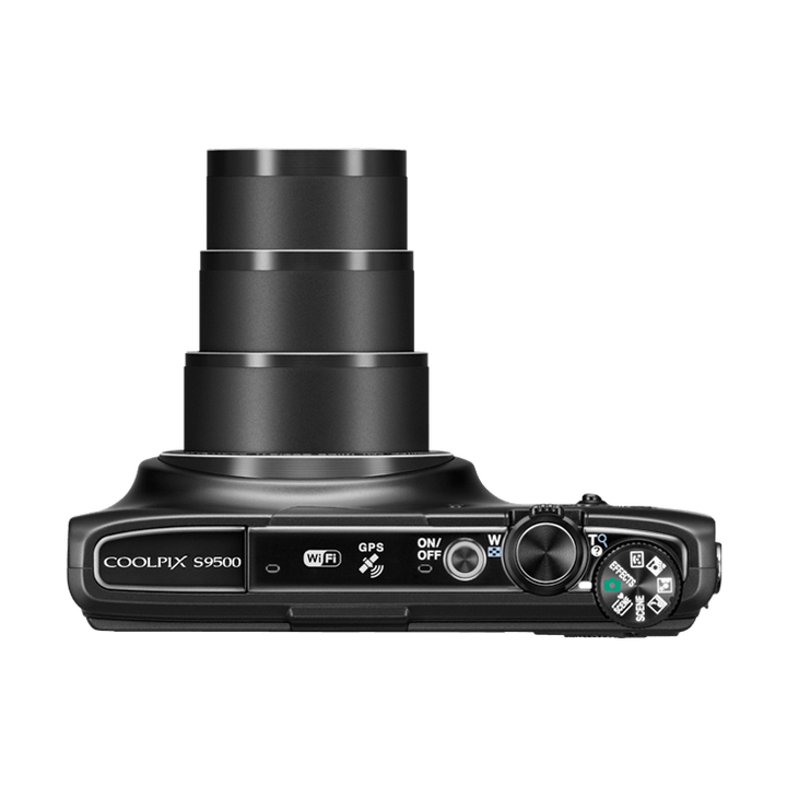 ClubCamera.com black Nikon Coolpix S9500 top view with extended zoom lens, Wi-Fi GPS logos and mode dial