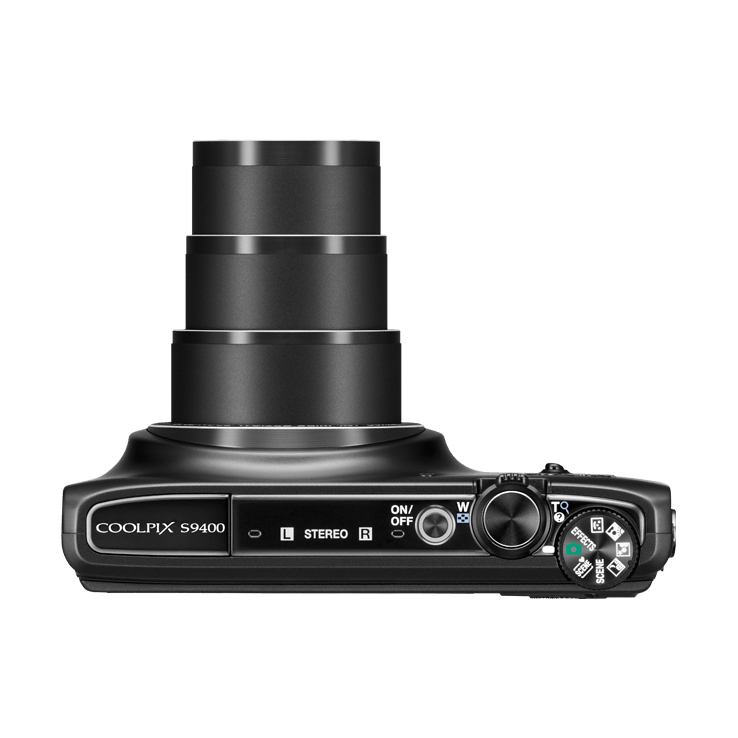 ClubCamera.com top view of black Nikon Coolpix S9400 showing extended zoom barrels, mode dial, and ON/OFF switch