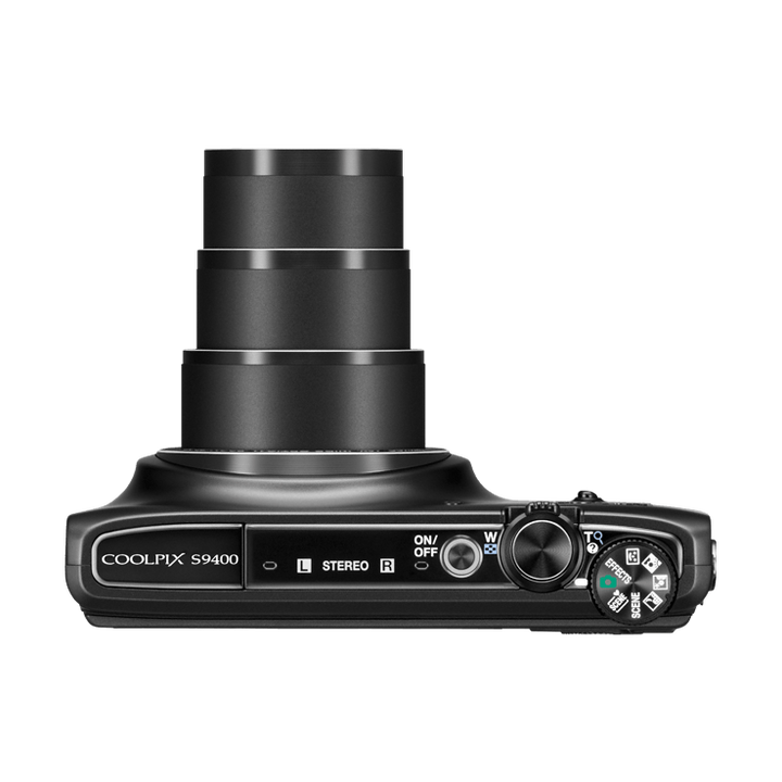 ClubCamera.com top view of black Nikon Coolpix S9400 showing extended zoom barrels, mode dial, and ON/OFF switch