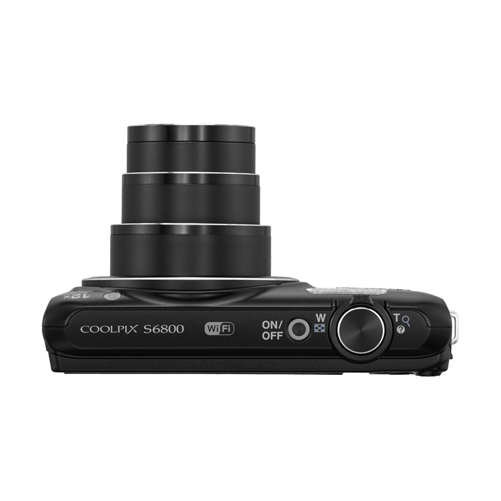 Top-down view of extended zoom lens on black Nikon Coolpix S6800 camera by ClubCamera.com