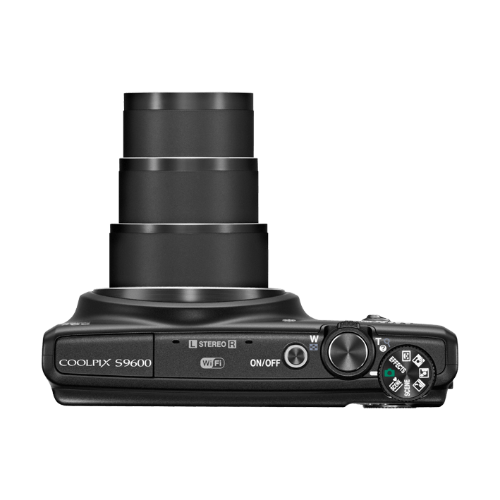 ClubCamera.com top view of black Nikon Coolpix S9600 compact camera with mode dial and Wi-Fi logo
