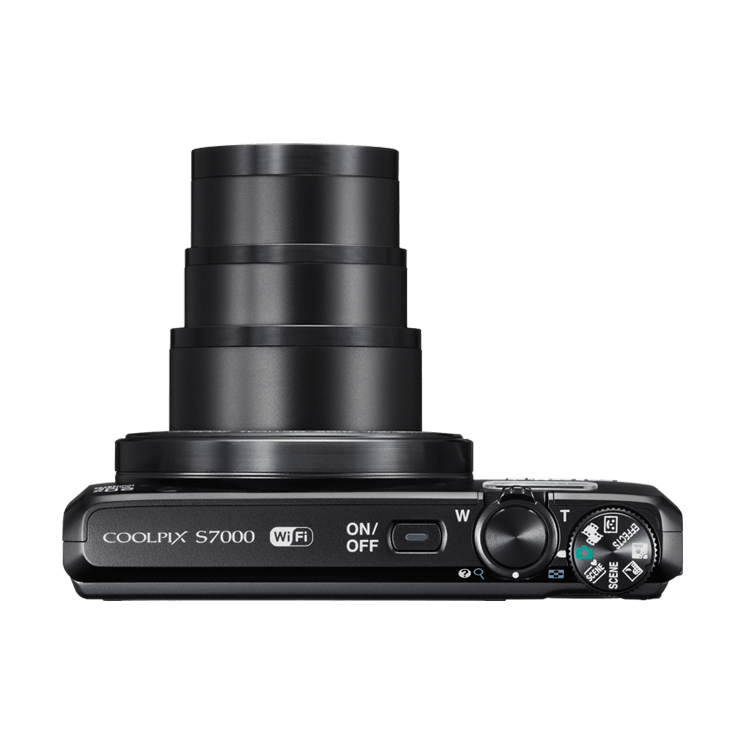 Top view of ClubCamera.com black Nikon Coolpix S7000 showing extended zoom lens, mode dial, and Wi-Fi icon