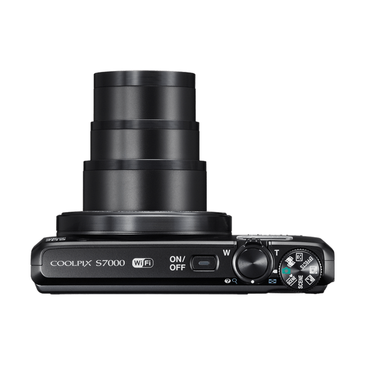 Top view of ClubCamera.com black Nikon Coolpix S7000 showing extended zoom lens, mode dial, and Wi-Fi icon