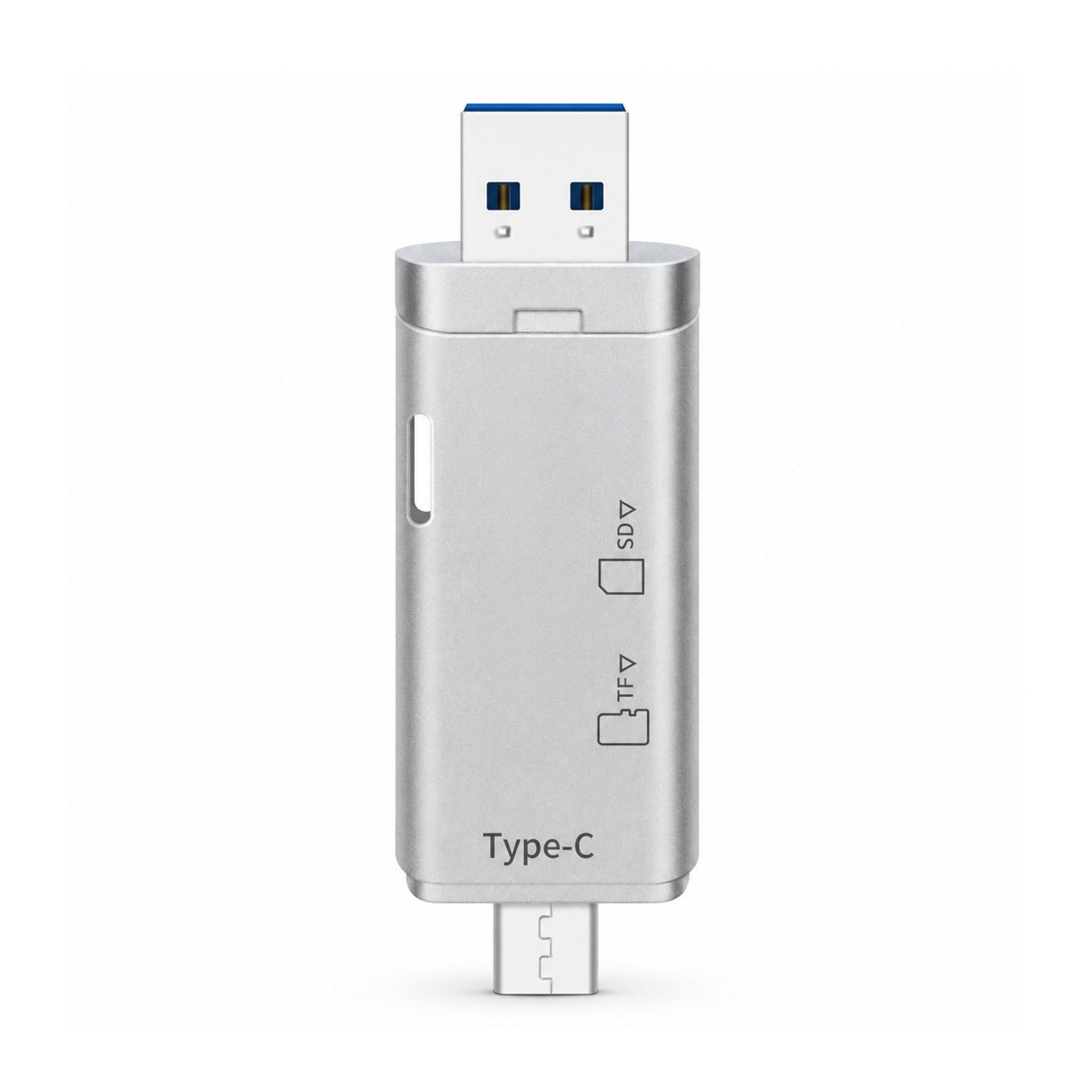 ClubCamera.com silver aluminum dual SD microSD USB-C USB-A memory card reader with engraved slot icons