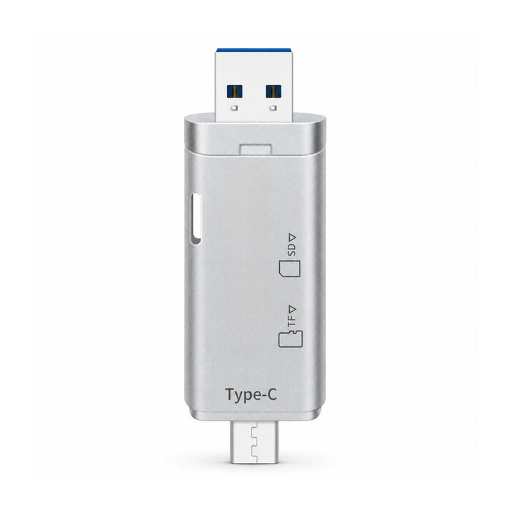 ClubCamera.com silver aluminum dual SD microSD USB-C USB-A memory card reader with engraved slot icons