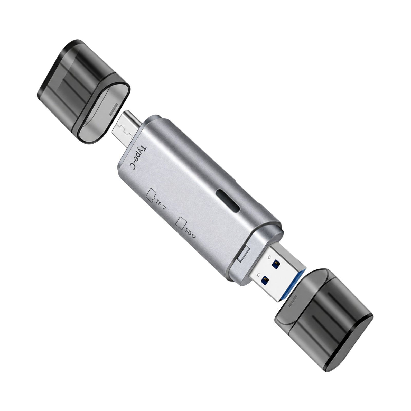 ClubCamera.com silver brushed metal card reader with translucent caps removed showing blue USB-A contacts
