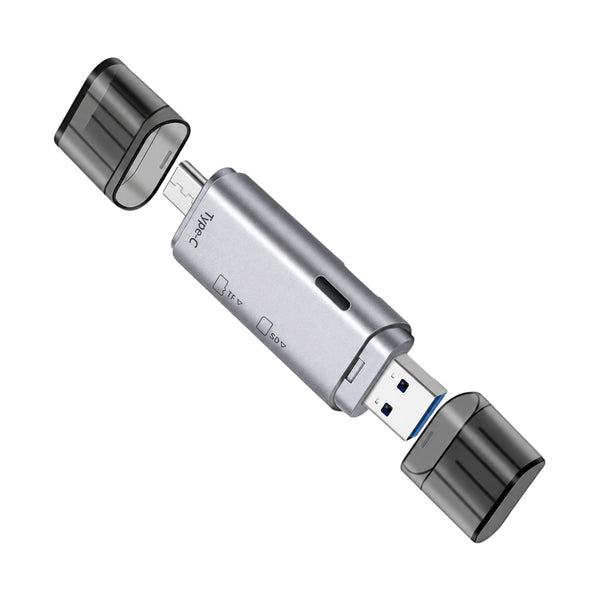ClubCamera.com silver brushed metal card reader with translucent caps removed showing blue USB-A contacts