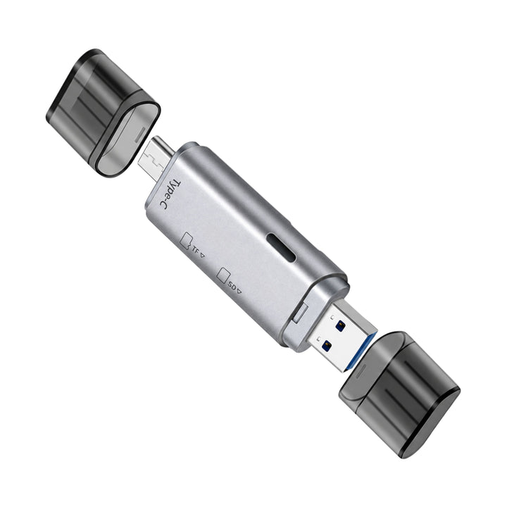 ClubCamera.com silver brushed metal card reader with translucent caps removed showing blue USB-A contacts