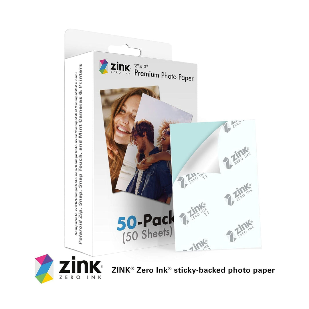 ClubCamera.com Zink zero ink sticky-backed photo paper showing peel-and-stick adhesive backing and matte finish
