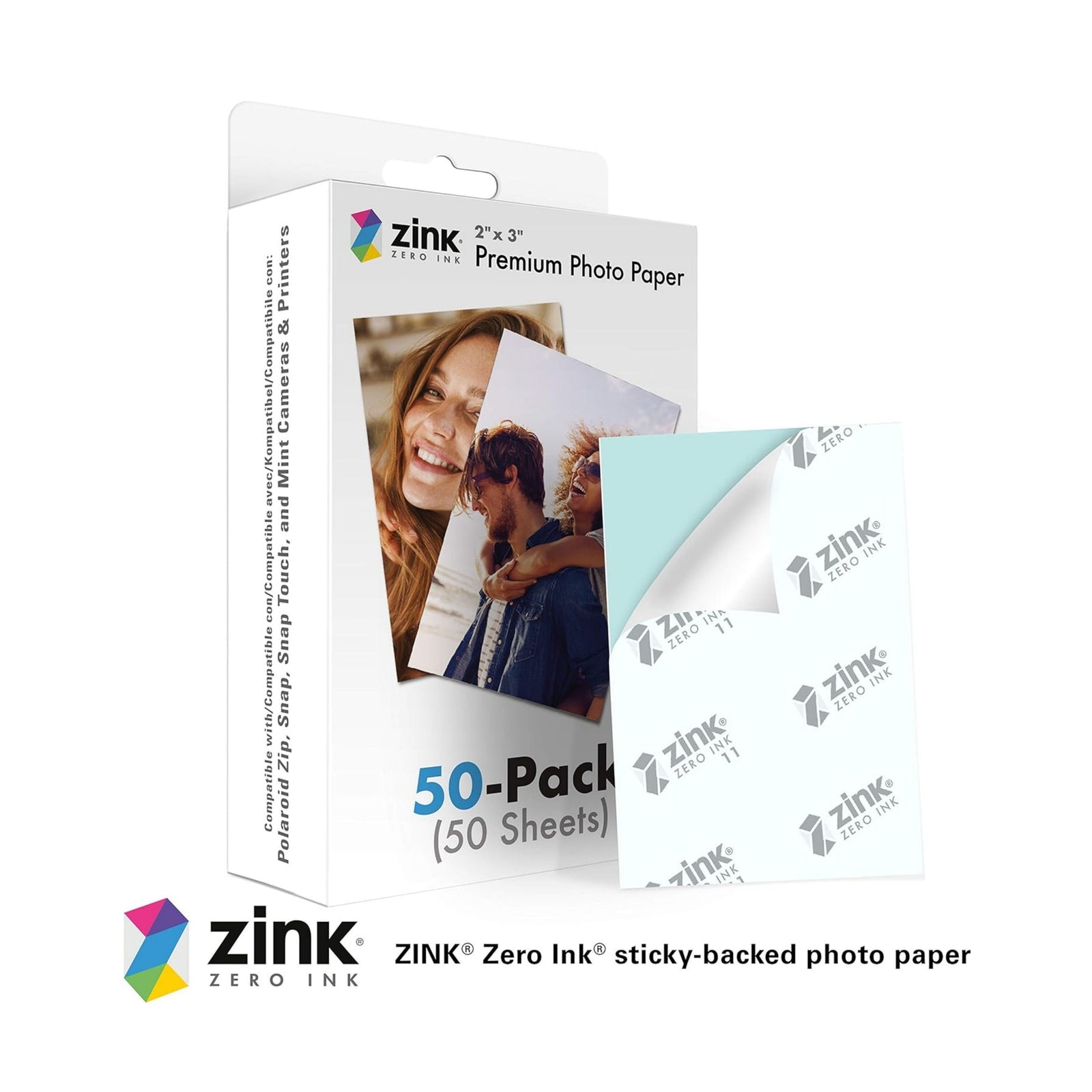 ClubCamera.com Zink zero ink sticky-backed photo paper showing peel-and-stick adhesive backing and matte finish