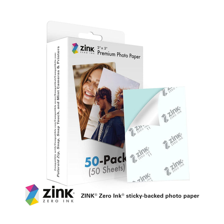 ClubCamera.com Zink zero ink sticky-backed photo paper showing peel-and-stick adhesive backing and matte finish