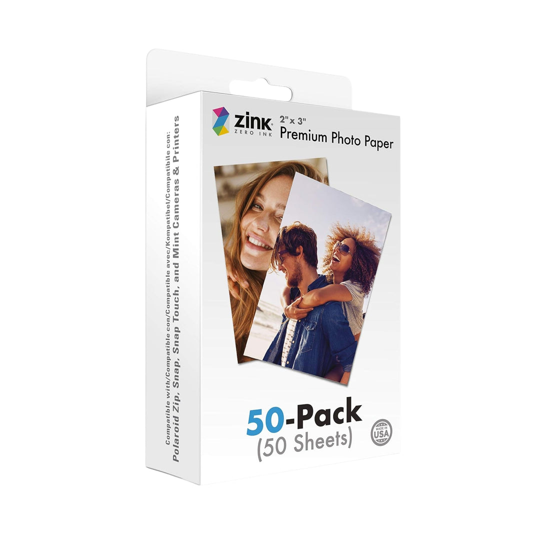 ClubCamera.com Zink 2x3 Premium Photo Paper 50-pack retail box with Polaroid camera compatibility and sample prints