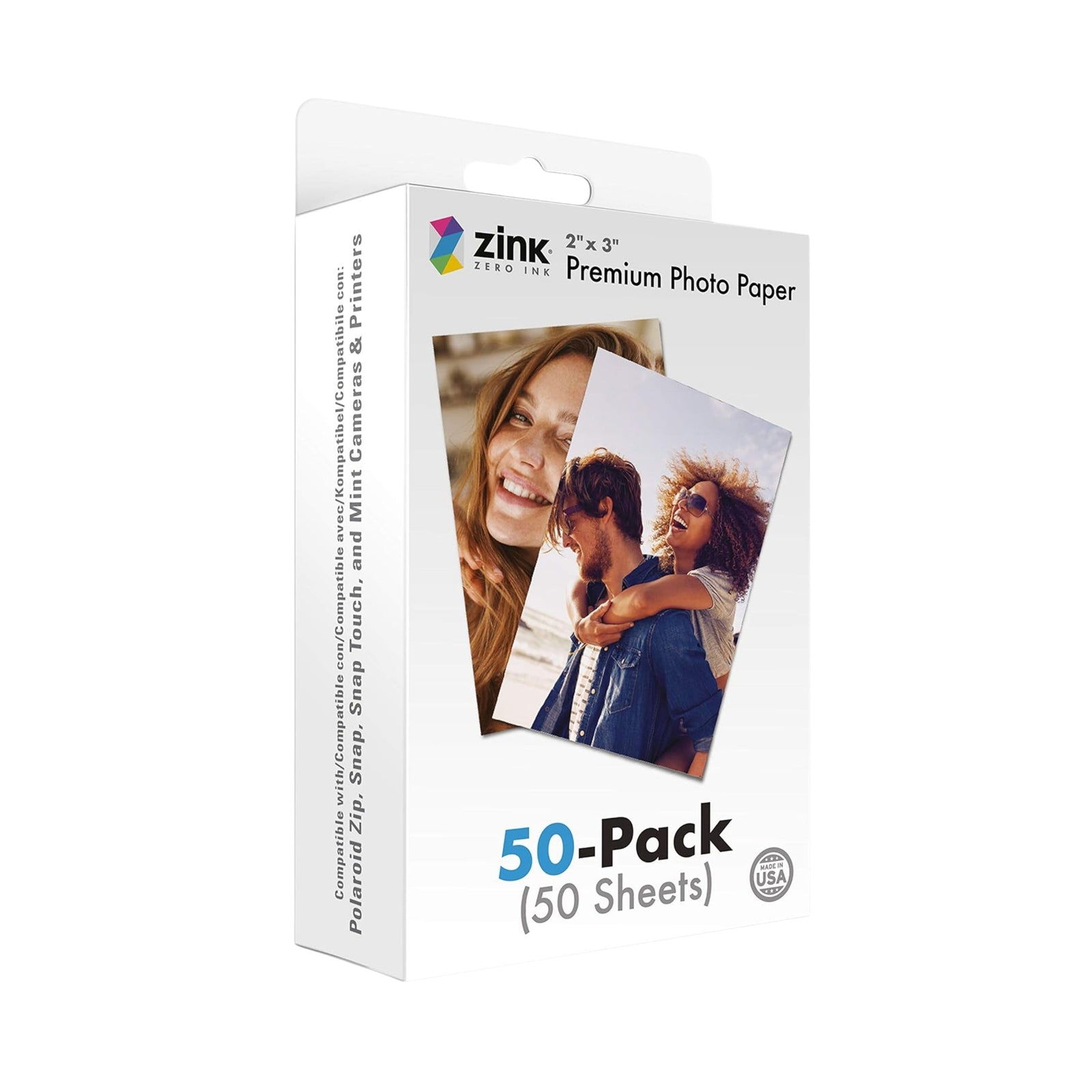 ClubCamera.com Zink 2x3 Premium Photo Paper 50-pack retail box with Polaroid camera compatibility and sample prints