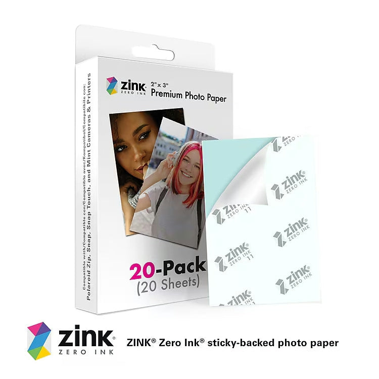 ClubCamera.com ZINK Zero Ink Premium Photo Paper 2x3 inch 20-pack with sample prints and peeled sheet showing white backing
