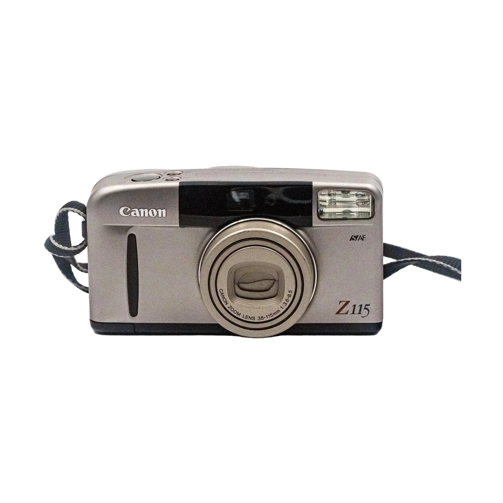 Frontal silver Canon Sure Shot Z115 35mm point and shoot film camera with retracted zoom lens and braided strap sold by ClubCamera.com