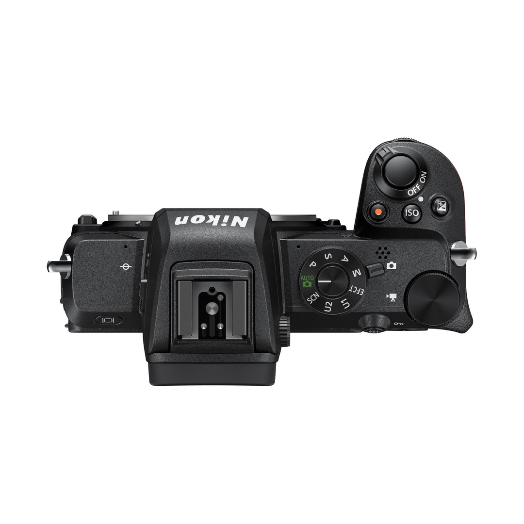 ClubCamera.com top-down view of black Nikon Z50 mirrorless camera showing mode dial, command dials, and hot shoe mount
