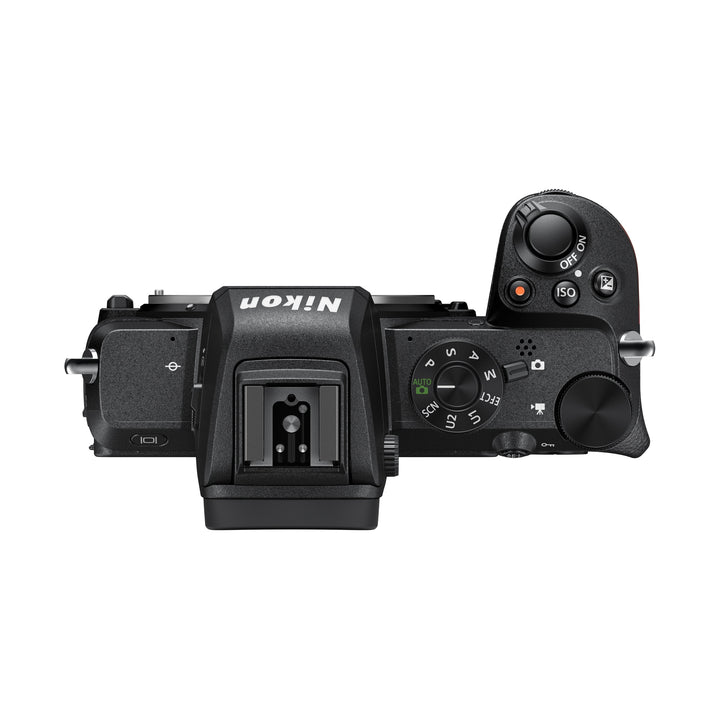 ClubCamera.com top-down view of black Nikon Z50 mirrorless camera showing mode dial, command dials, and hot shoe mount