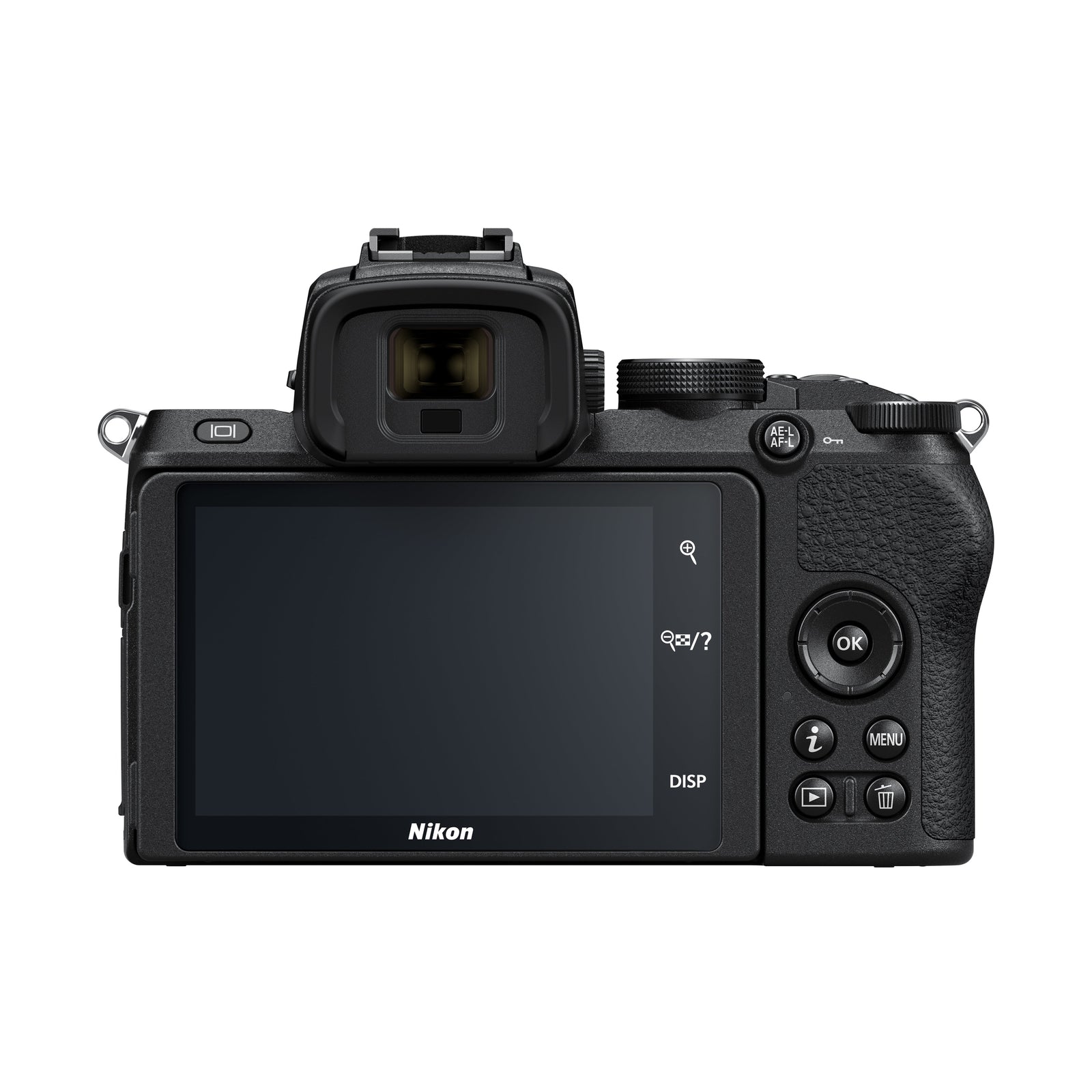 ClubCamera.com rear view of black Nikon Z50 mirrorless camera featuring tilting LCD screen and ergonomic control layout